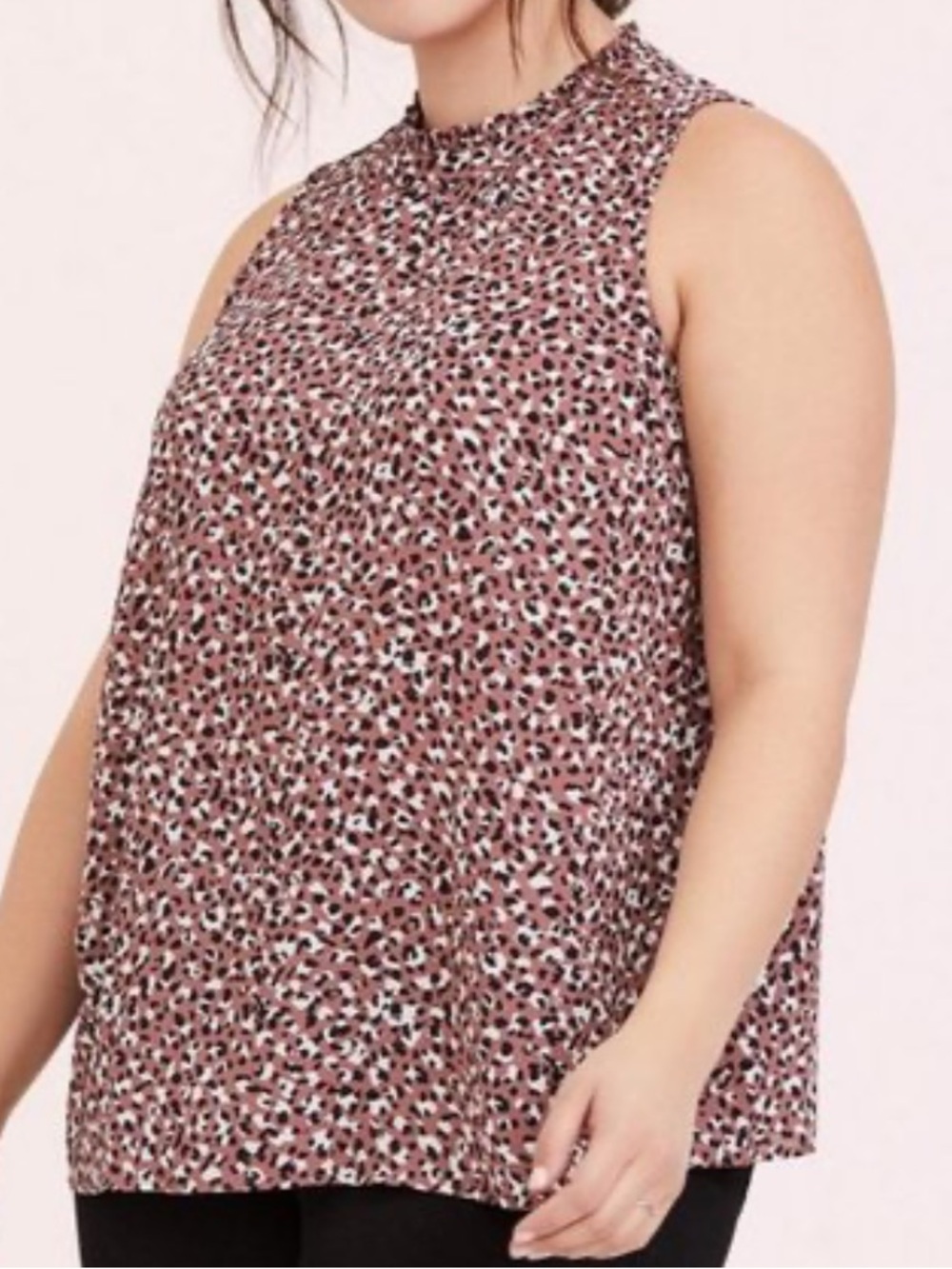 🔴 4/$15 torrid Women’s L Mauve Black Animal Spot Ruffle Mock Neck Tank Top EUC - Picture 11 of 16
